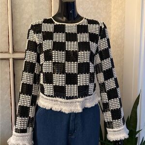 Nicole Miller Mesh Checkerboard Breezy Pullover Top Fringe Hems Women's Sz Small
